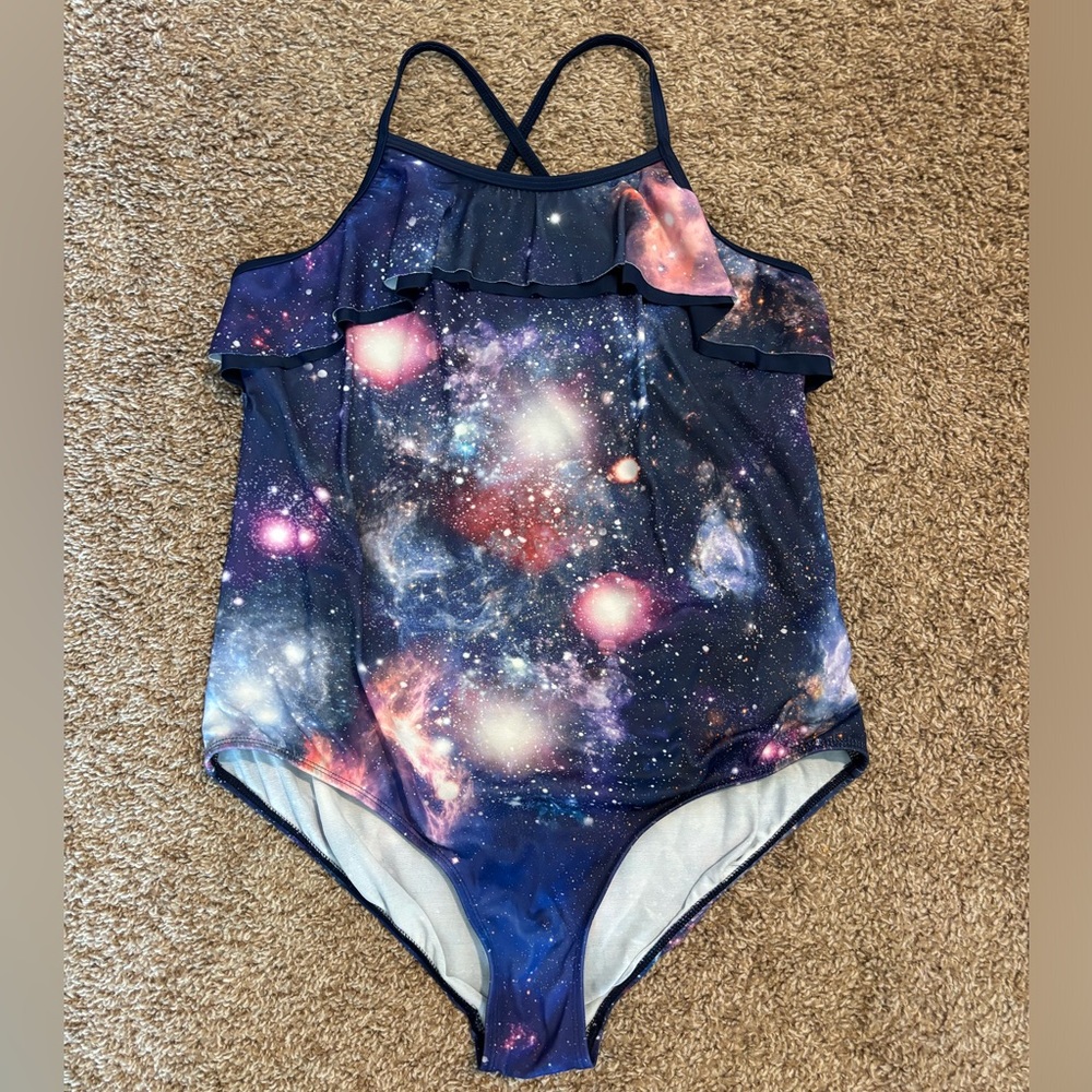Girl’s Lands’ End Galaxy Print One Piece in Navy Size 16P